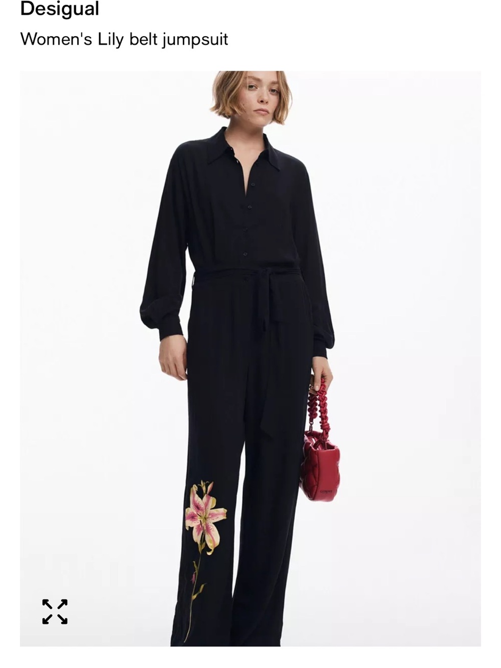 Desigual Black Long-Sleeve Button Jumpsuit with Floral Embroidery